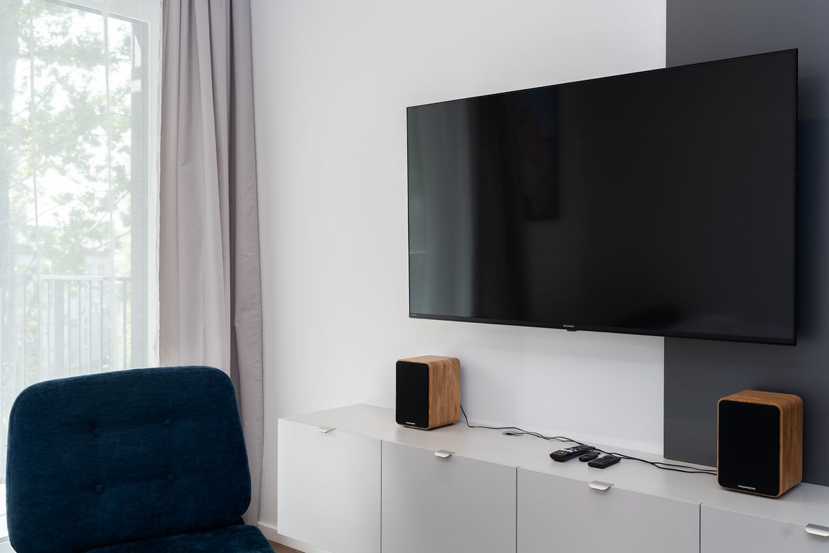 Wall-mounted flat screen TV in a living room